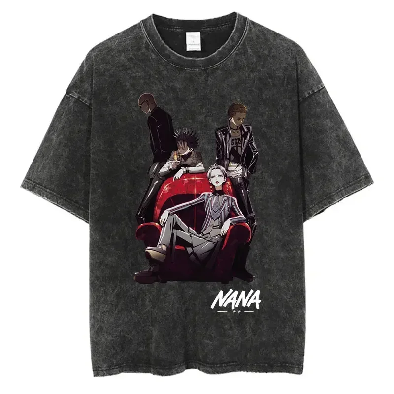 Japanese Anime Nana Osaki Print Vintage Washed Men Tshirt Harajuku Streetwear Graphic T-Shirt Summer Short Sleeve Cotton Tshirt