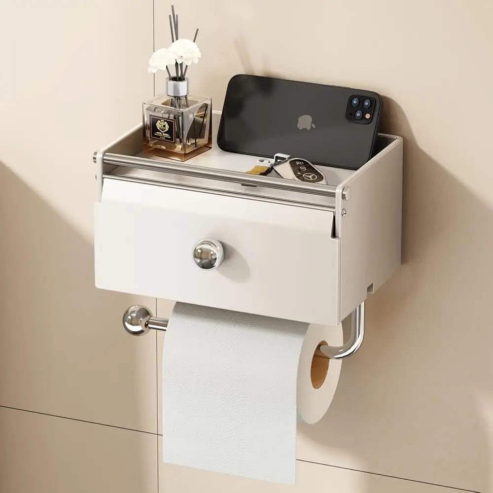 

Toilet Paper Holder with Shelf, Flushable Wipes Dispenser for Bathroom, Adhesive Toilet Paper Roll Holder with Storage