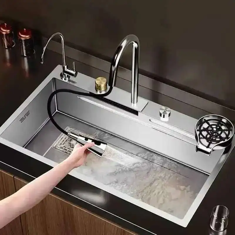 

Итальянские кухонные мойки из матового металла для аренды дома, водопад, большая раковина с одним желобом, настольная раковина, креативная раковина для кухни