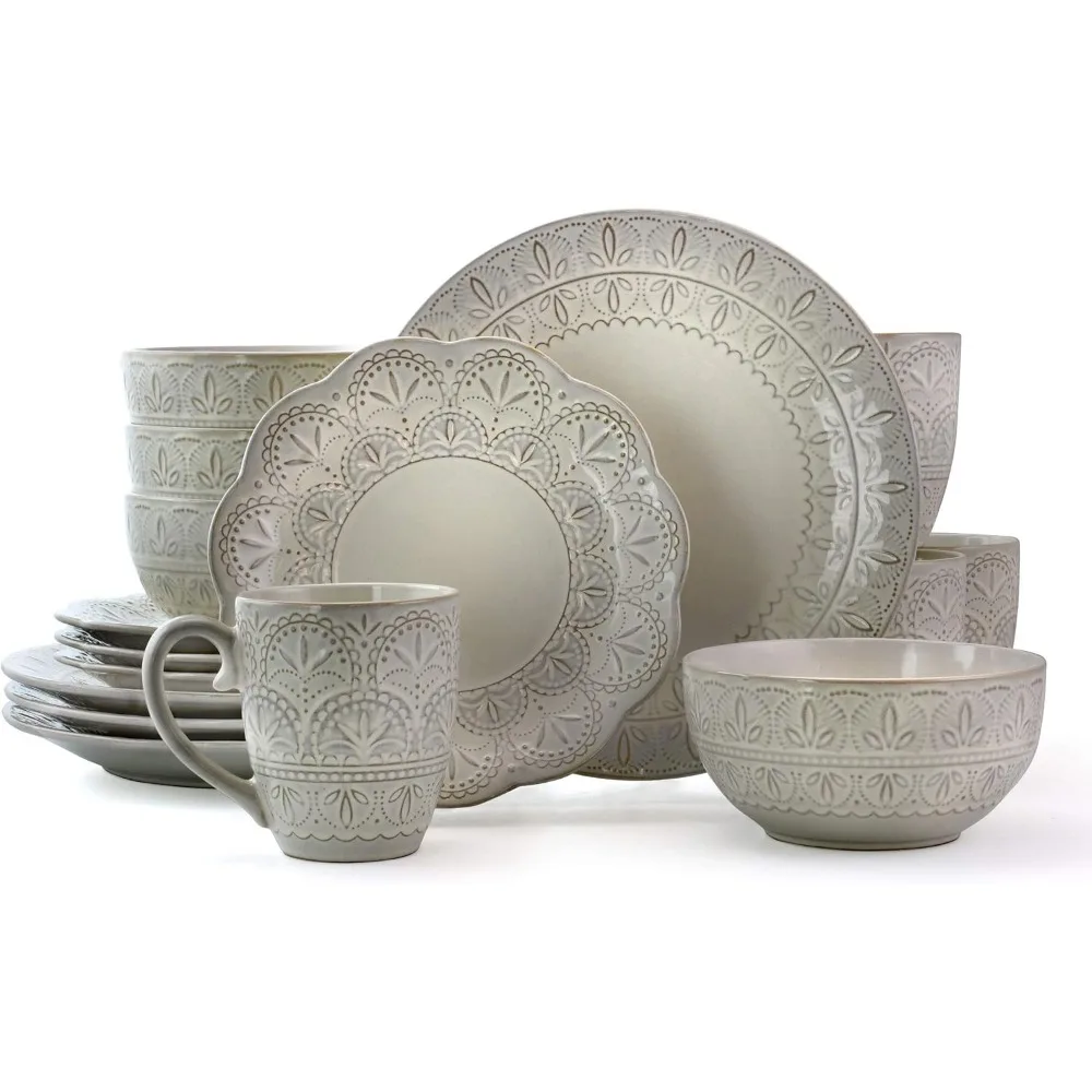 

White Lace 16 Piece Round Scallop Stoneware Dinnerware Set in White