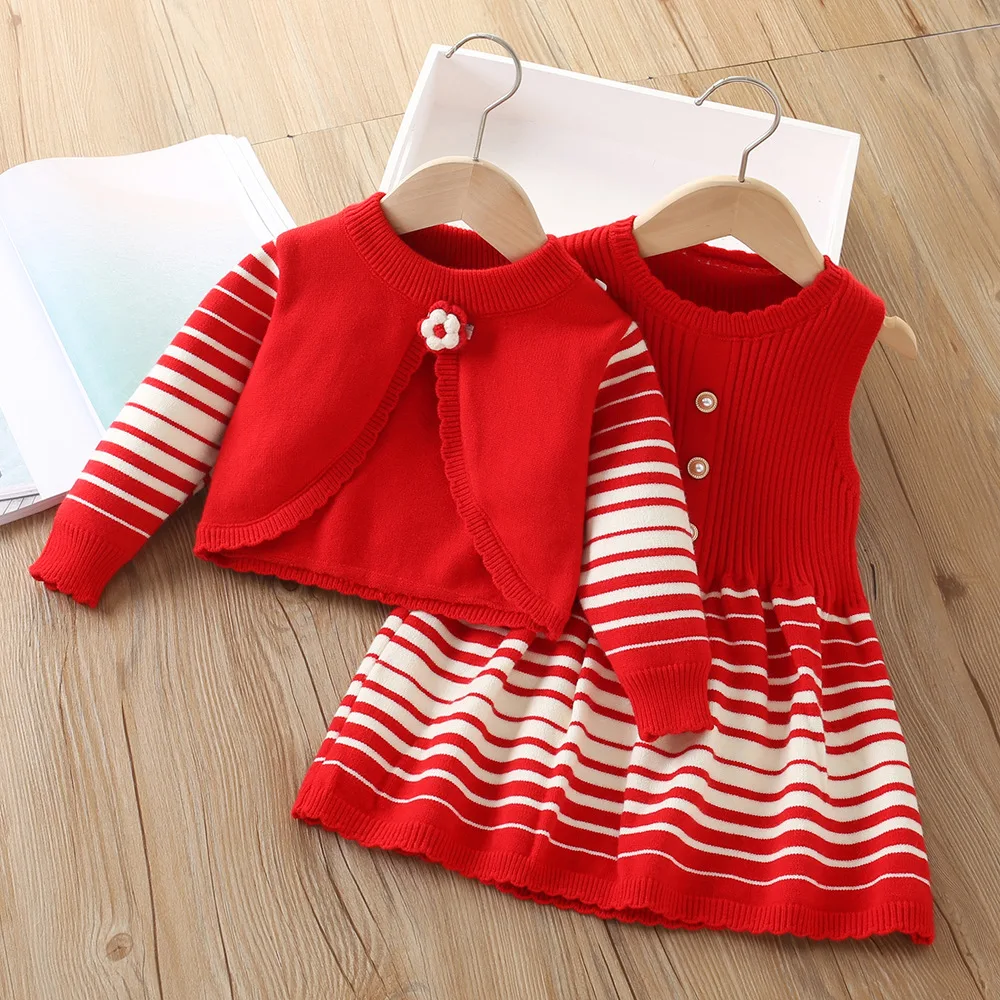 

Girls Knitted Dresses Spring Autumn Children Woolen Jersey Coats Vest Dress 2pcs Princess Clothes For Baby Costume Kids Outfits