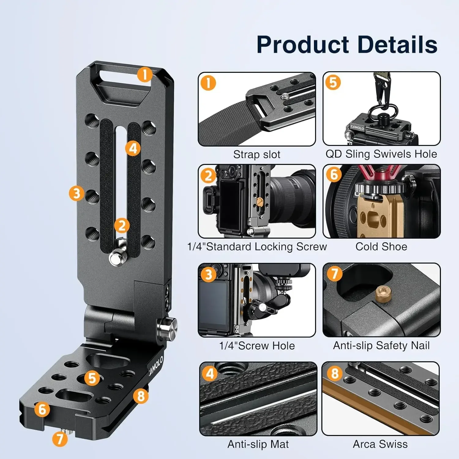 

Универсальная L-образная пластина CAMOLO с базой Arca, складной L-образный кронштейн, быстросъемная пластина для штатива для камер Canon, Nikon, Sony DSLR