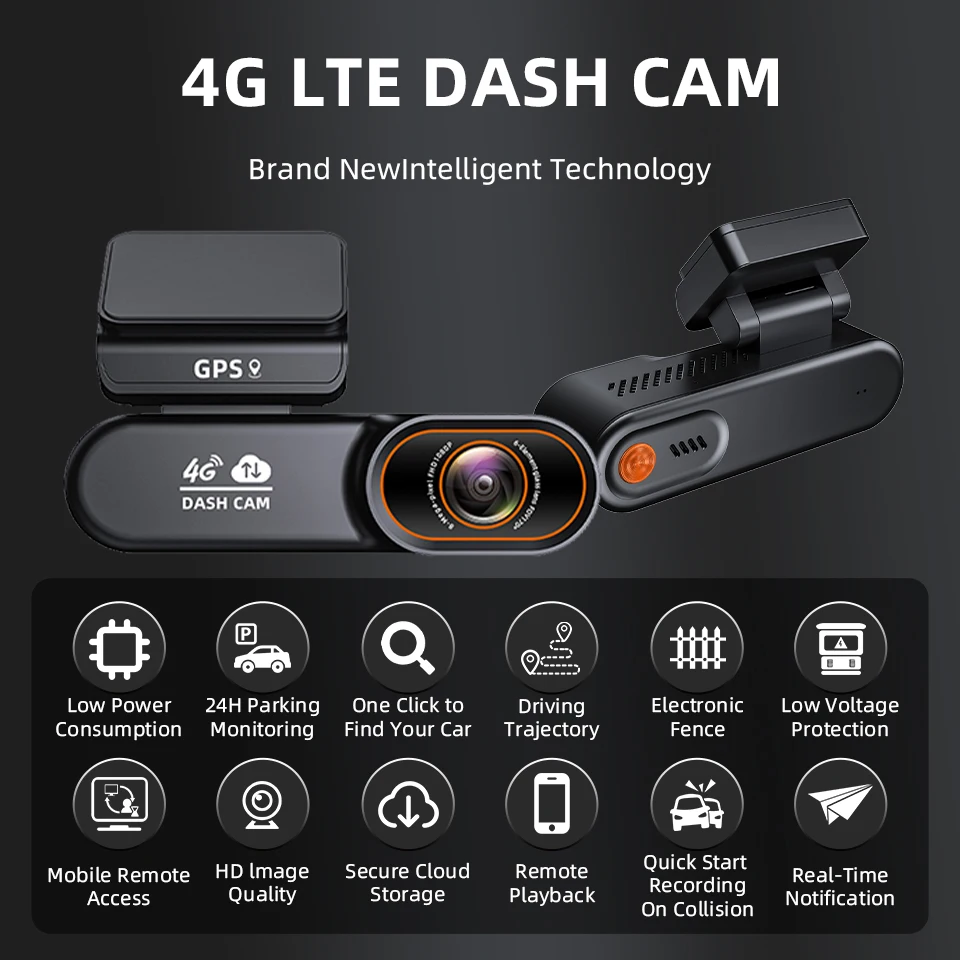 Mini enregistreur de conduite 4G portable, GPS intégré, prise en charge de la connexion à distance, moniteur de parc 24 heures, avertissement de collision, caméra de tableau de bord de voiture, boîte noire