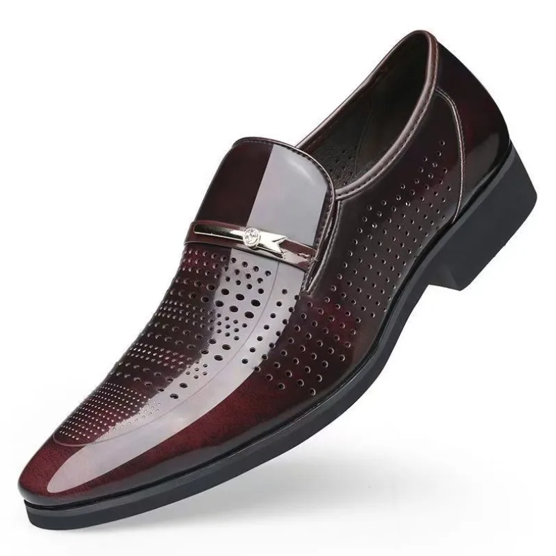 Men Slip‑on Formal Dress Shoes Shiny Patent Leather Perforated Breathable Upper Metal Decor for Business Party Occasion Wear