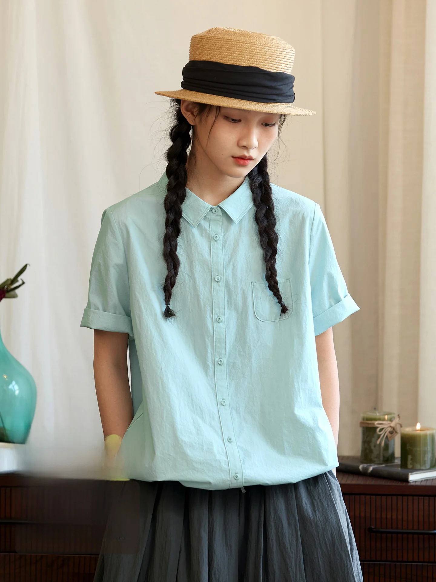 

Loose Casual Short Sleeve Cotton Shirt Women Summer Drawstring Pleated Collar Top Breathable Comfortable Soft Pure Color Shirt