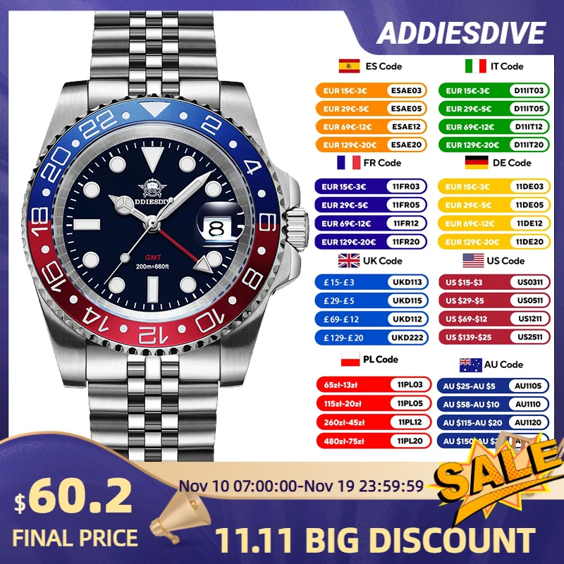 

ADDIESDIVE Men’s Quartz Watches New AD2050 GMT Movement Analog Wristwatch BGW9 Luminous 200m Waterproof Dive Sports Watches
