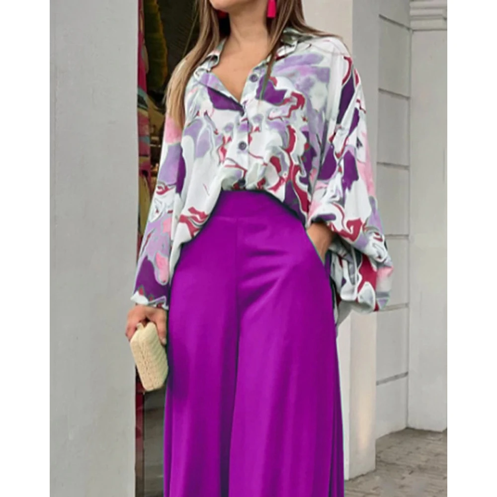 Women\'s Floral Print Long Sleeve Shirts Top and High Waist Wide Leg Pants Sets, Oversized 2 Pieces, Summer, New