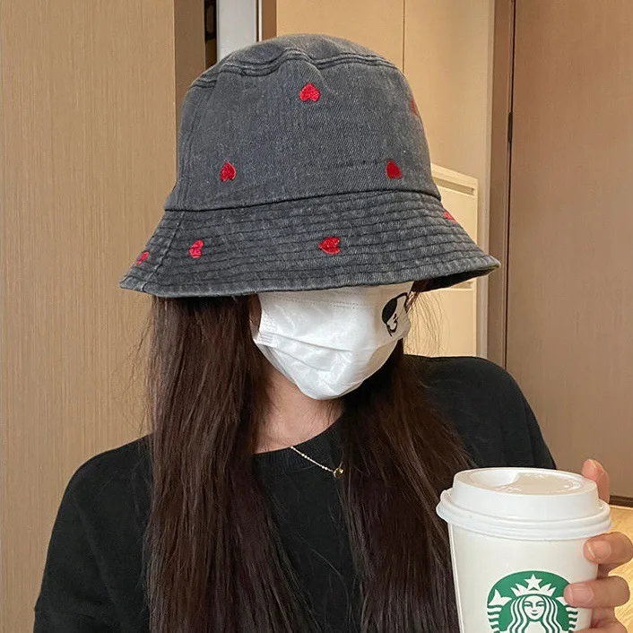 Women Japanese‑Style Retro Denim Bucket Hat, Spring Summer Heart Embroidered Face‑flattering Sun‑Protective Travel Hat