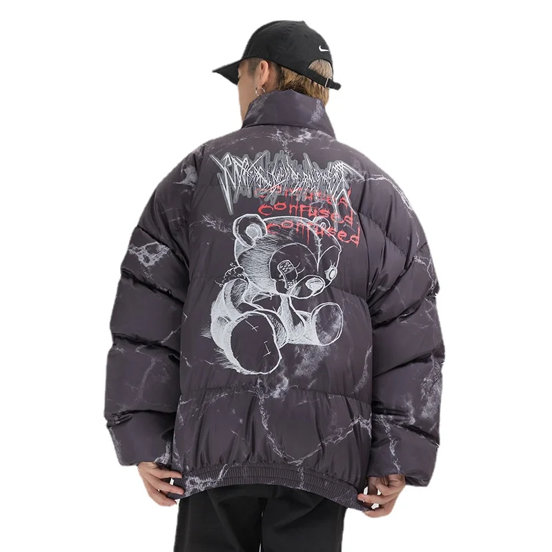 Tide Brand Winter Hip-hop Thickened Parka Harajuku Style Cartoon Bear Print Cotton Clothing Street Style Winter Casual Jacket