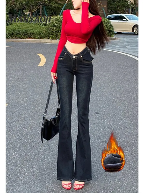 

Джинсы American Sle Fce на подкладке, женские осенне-зимние теплые свободные брюки-колокольчики, длинные брюки