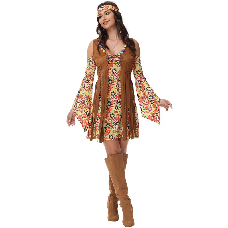 Fantasia Disco Anos 70 Feminina, Vestido Retrô Hippie, Vestido Disco Feminino, Acessório de Cabeça Disco, Conjunto de Duas Peças com Estampa Marrom, Moda 2025