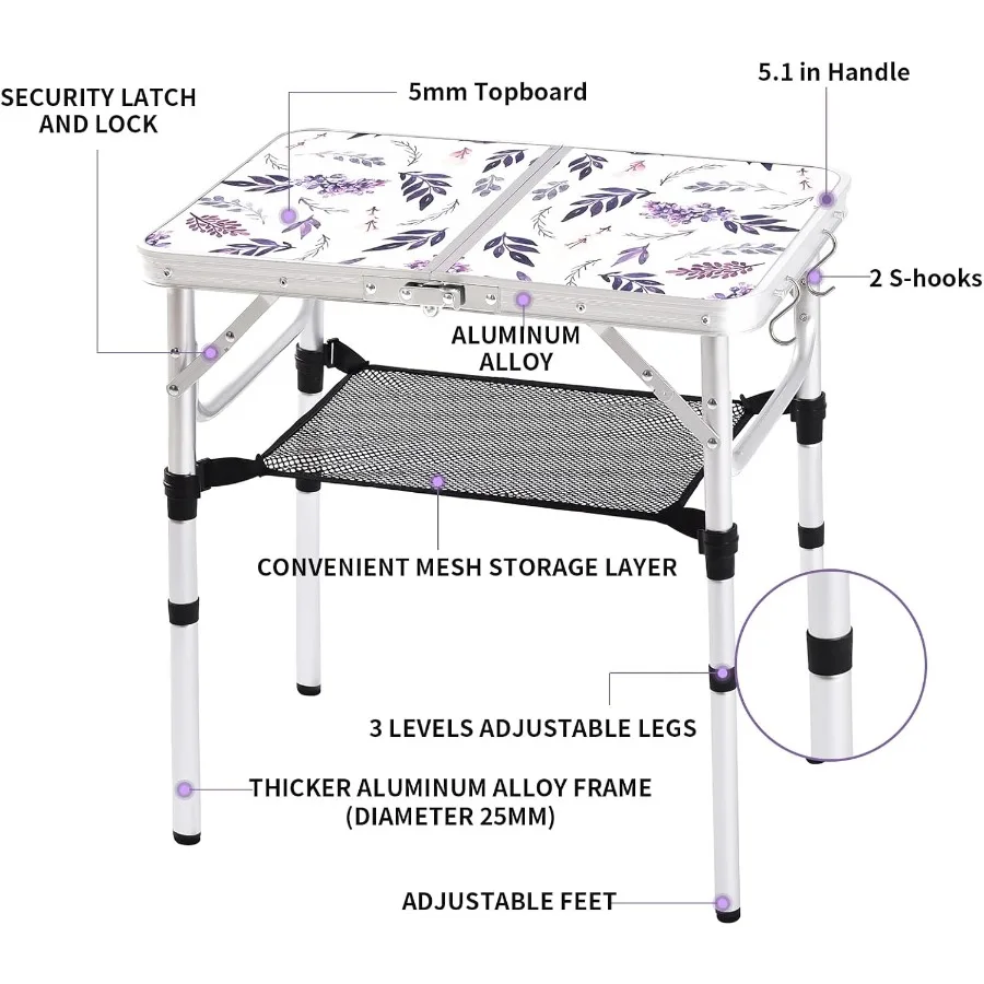 طاولة تخييم قابلة للطي بطول 2 قدم، طاولة نزهة محمولة قابلة للتعديل، ارتفاع طاولة بطاقات صغيرة من الألومنيوم قابلة للطي وخفيفة الوزن مع حمل هان