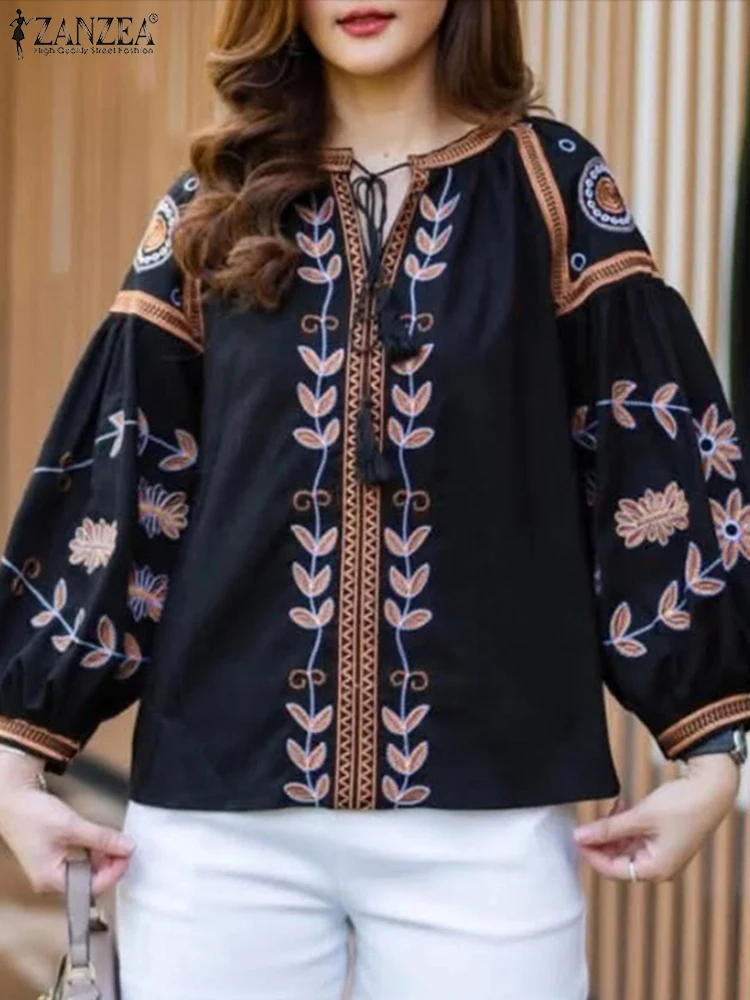 

ZANZEA Vintage Blouses Women Floral Printed Tops 3/4 Sleeve Tassel Lace-Up O Neck Blusas 2025 Oversized Casual Loose Tunics