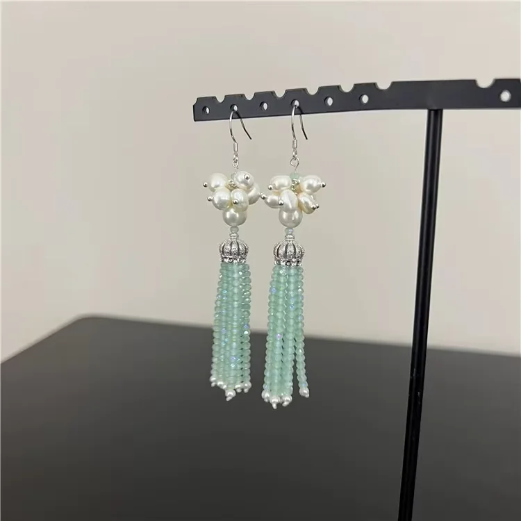 Natural Cultured White Pearl Green/Blue Agate Crystal CZ Gold Plated Hook Earrings CZ Fitting Handmade For Women