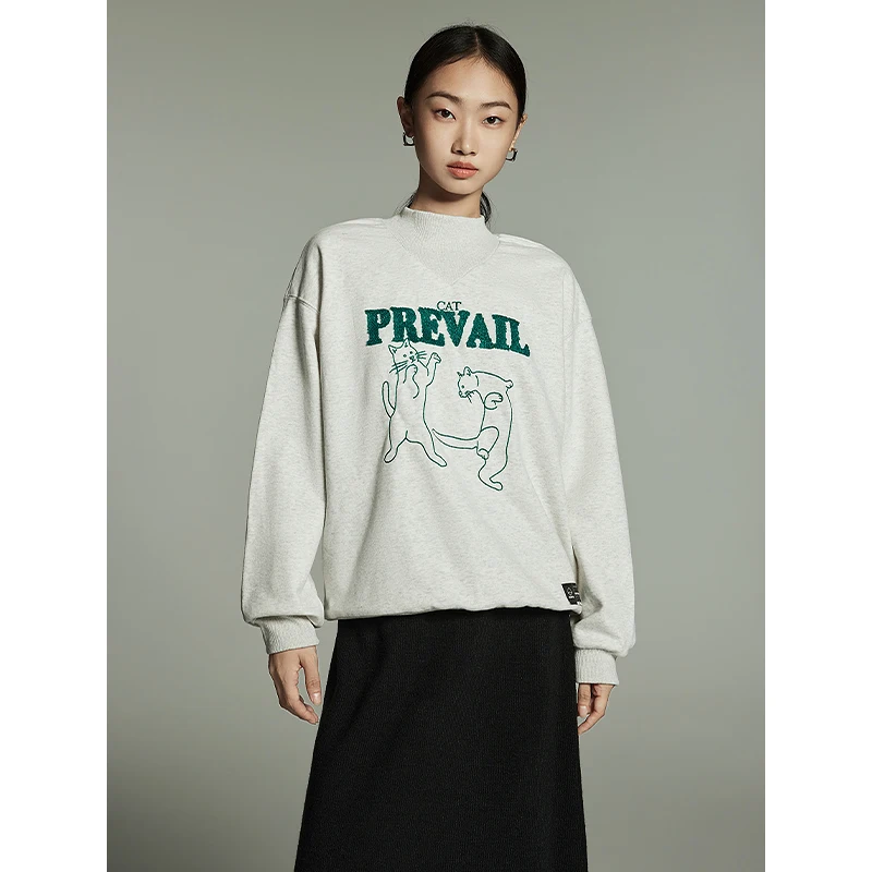 Toyouth Women Plush Sweatshirt 2023 Winter Long Sleeve Half High Collar Loose Hoodies Cat Embroidery Casual Cute Apricot Tops