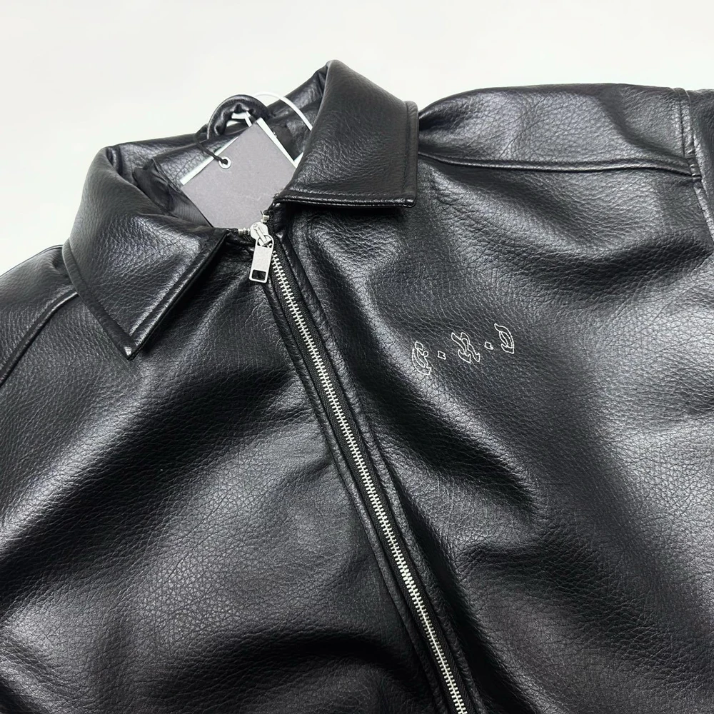 الشتاء الشارع الشهير ملابس خمر الرجال سستة التطريز سترات من الجلد الشارع نمط الهيب هوب معاطف جلدية القطن الثقيل عادية #3