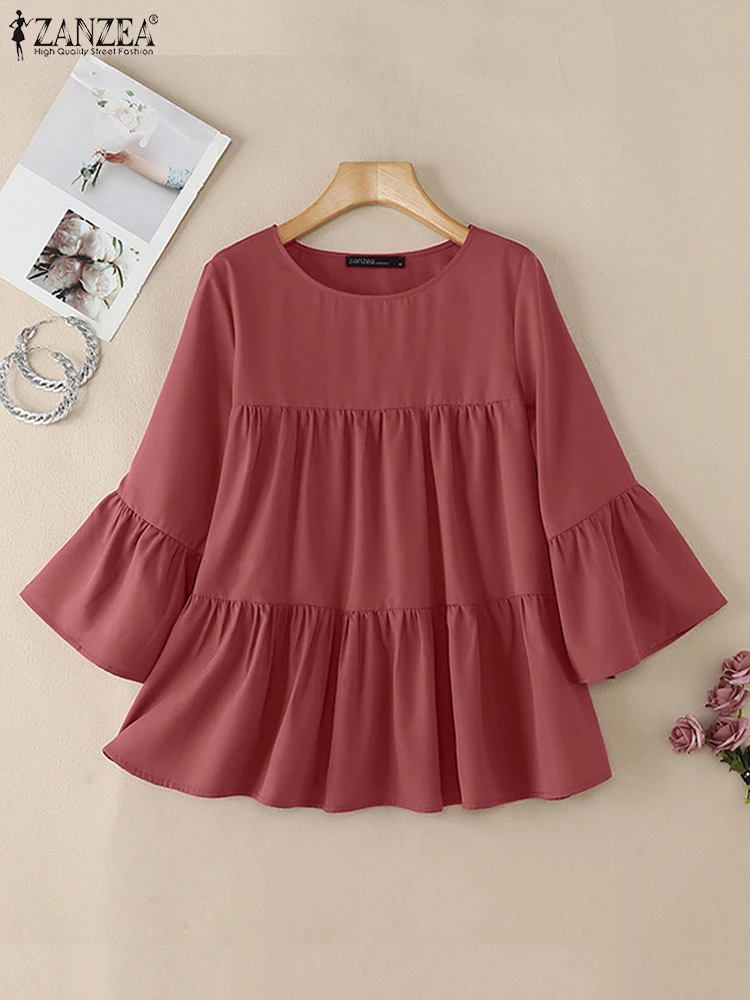 Vintage Pleating Stitching Shirt ZANZEA Women Solid Color Blouse Casual Loose 3/4 Flare Sleeve Tops Office Lady Simple Tunics