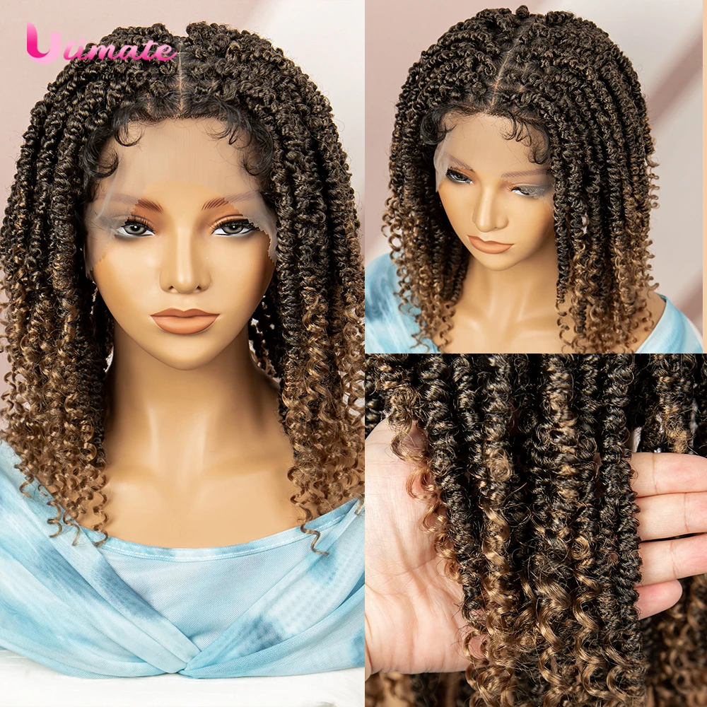 Pelucas trenzadas con caja Bob trenzada de 14 pulgadas para mujeres negras, pelucas de pelo hinchables esponjosas sin nudos, pelucas con trenzas torcidas de encaje completo