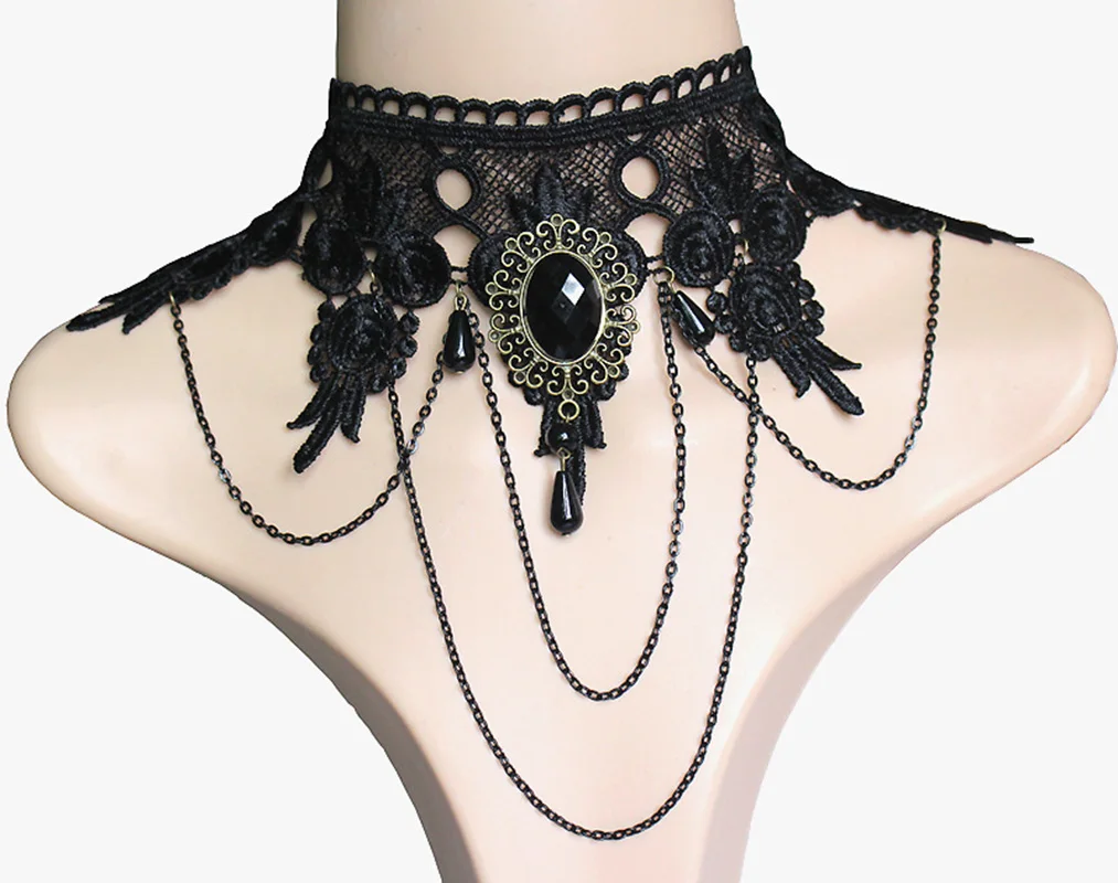 Elegant Gothic Jewelry Punk Party Vintage Costume Accessories for Halloween Black Choker Lace Necklace with Bracelet Set