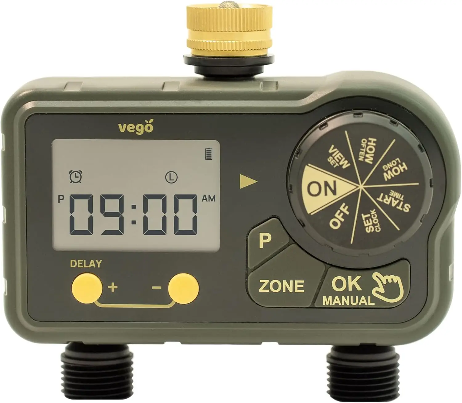 

2 Zone Sprinkler Timer with Brass Inlet- Watering Timer for Garden Hose with Dual Channel Programmable Rain Delay/Manual Wa