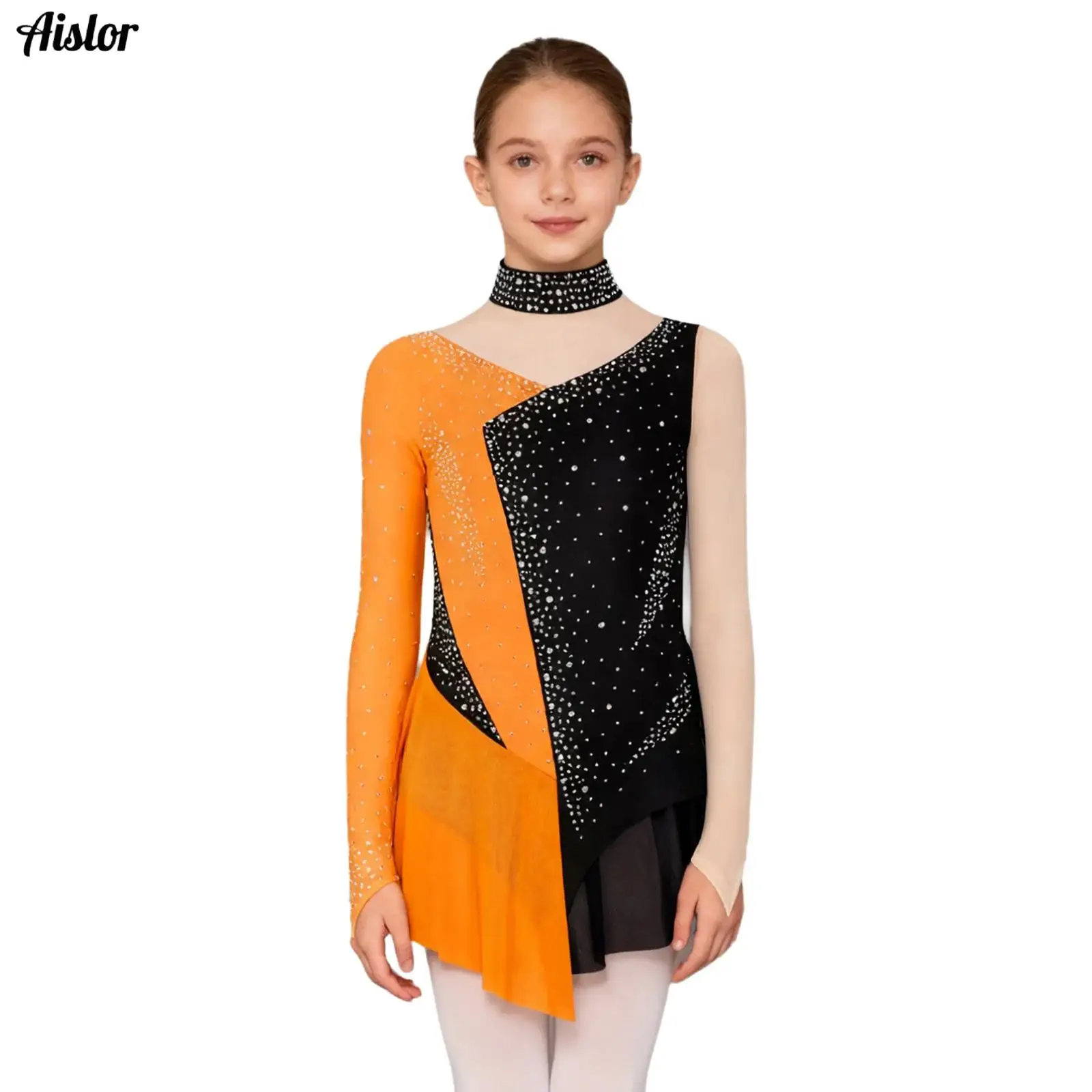 

Kids Girls Rhythmic Gymnastics Leotard Sparkly Rhinestone Sheer Mesh Patchwork Long Sleeve Dance Bodysuit Figure Skating Dress