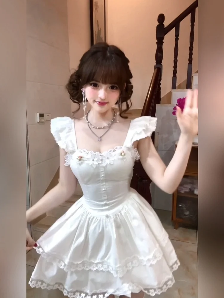 

Sweet Style 3D Flower Embellished Puffy Sleeve Short Dress White Princess Ball Gown for plus Size Women Summer Casual A-Line ...