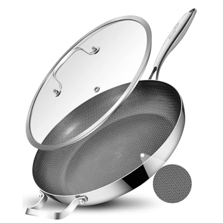 

12 Inch Non-Stick Ceramic Stainless Steel Frying Pan - With Lid Helper Handle Induction Compatible Skillet Dishwasher Oven Safe