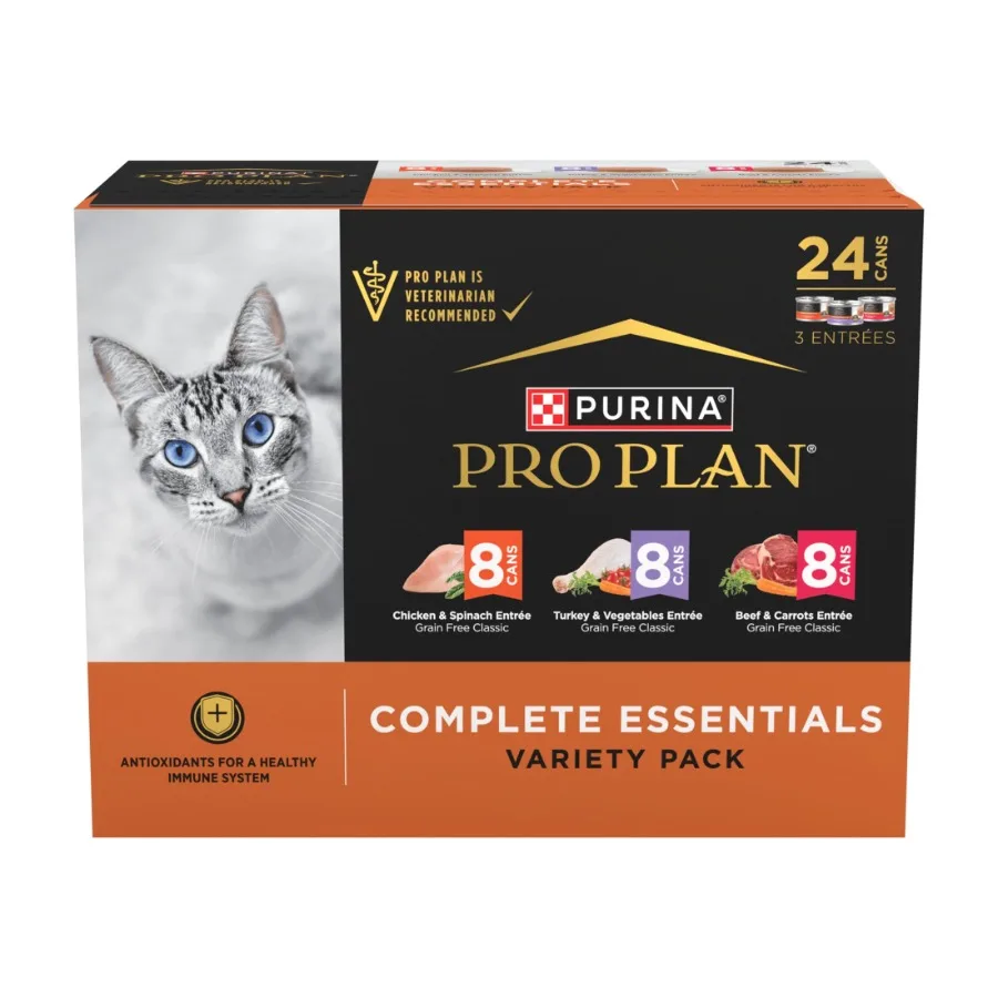 

Полнорационный беззерновой влажный корм для кошек Complete Essentials с курицей, индейкой и говядиной, ассорти, 3 унции, банка, упаковка 24 шт.