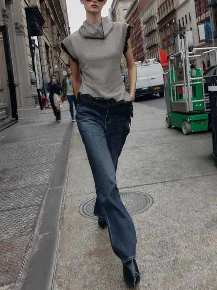 

European and American style winter new arrival fashionable women's clothing, versatile stand-collar sleeveless houndstooth lace