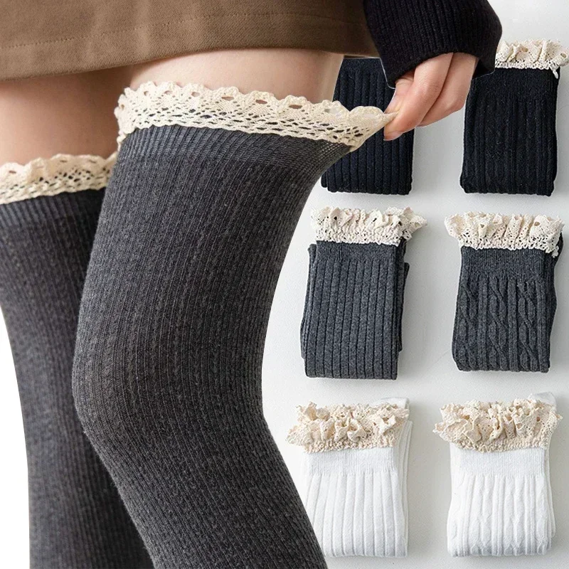 Sexy Vintage Lace Long Knee Socks Premium Feel Light Luxury Warm Black White Grey Over Knee Thigh High Stockings Women