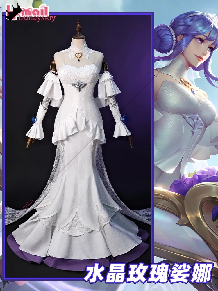 LOL كريستال روز سونا تأثيري حلي لعبة دوري الأساطير لعب الأدوار الملابس الأبيض Bodycon فستان شعر مستعار مجموعة أنيمي زي الحفلات-6