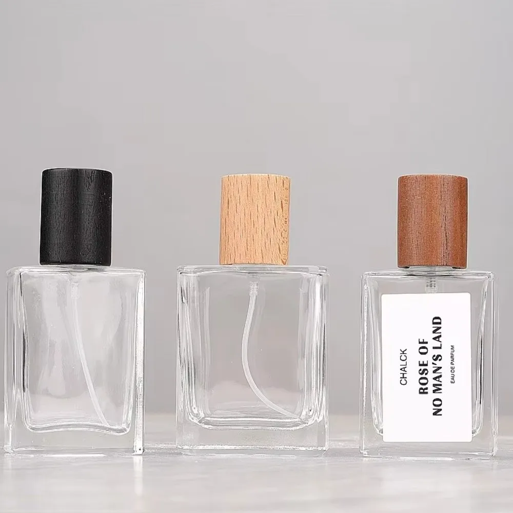 New 30ml Glass Perfume Bottle Square Shape Wood Cap Spray Bottle Clear Glass Cosmetic Container - view 4