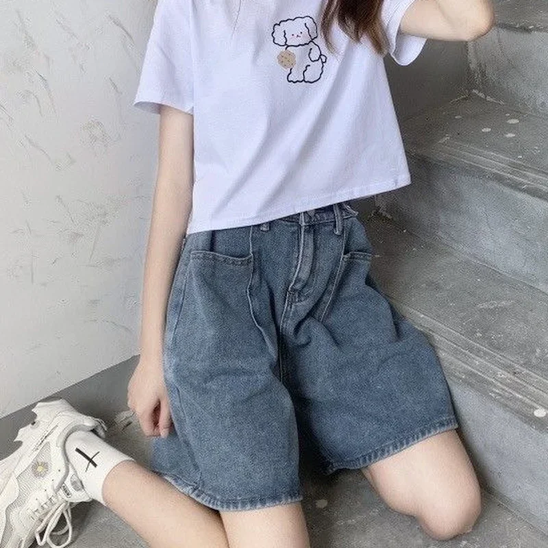 Women Denim Shorts Solid High Waist Fashion Cool Harajuku Wide Leg Baggy Leisure Streetwear Lovely Bf Style Hipsters Chic Retro