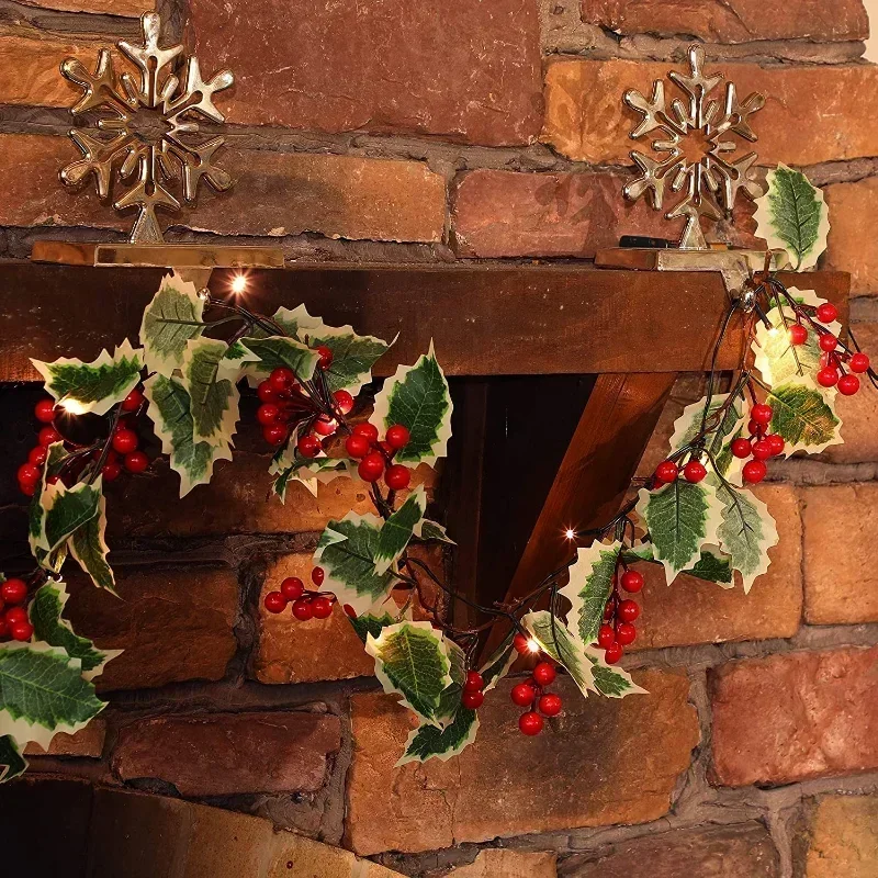 Guirlande de noël 2M avec lumière, baies rouges artificielles, feuilles de houx, vigne de lierre, couronne en rotin pour ornement d'arbre de noël, décorations pour la maison