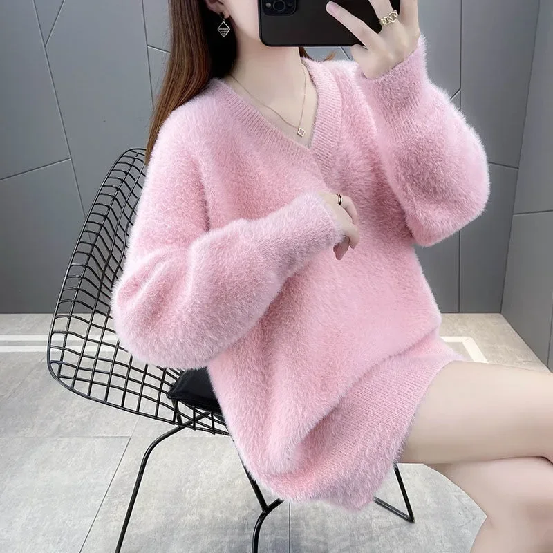 

DAYIFUN V-neck Mink Sweaters Female Korean Solid Knitted Pullovers Loose Casual Jumpers Female Winter Warm Outwear Bottming Tops