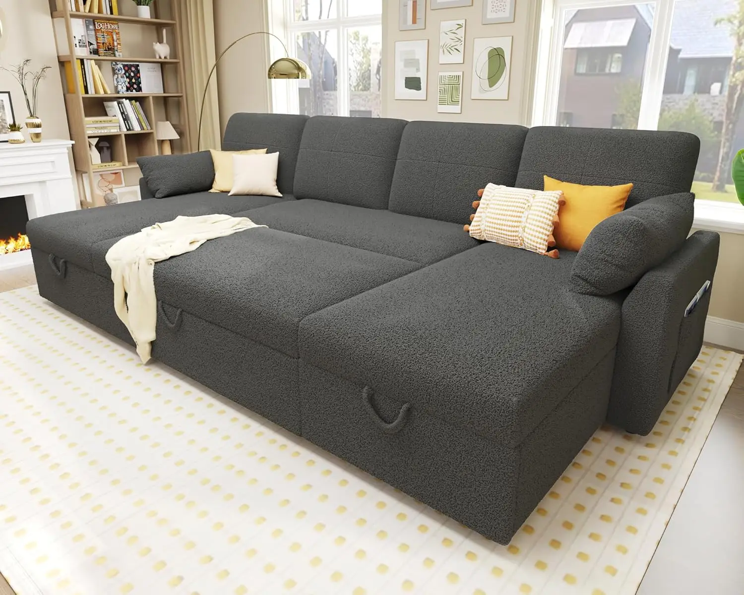 110-Inch Sleeper Sofa Oversized Pull Out Couch with Double Storage Chais U Shape Couches for Living Room-Grey Boucle