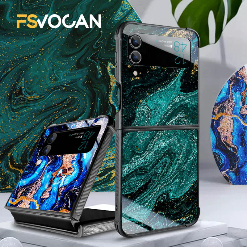 Emerald Green Jade Stone Pattern Phone Case For Samsung Galaxy Z Flip 6 5 4 3 5G Filp4 Cover Marble Stylish Shockproof Capa