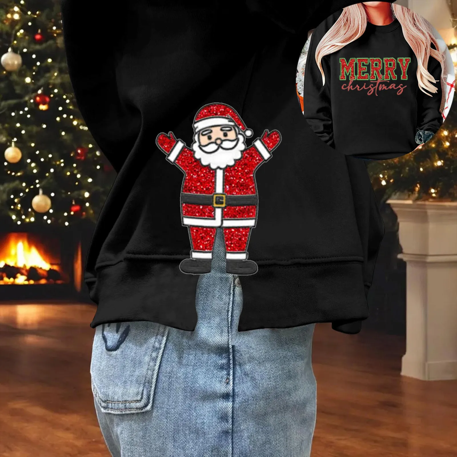 

Side Split Double Butterfly Sweatshirts Women'S New Christmas Santa Sequin Print Hoodie Y2k Long-Sleeved Pullover Woman Clothing