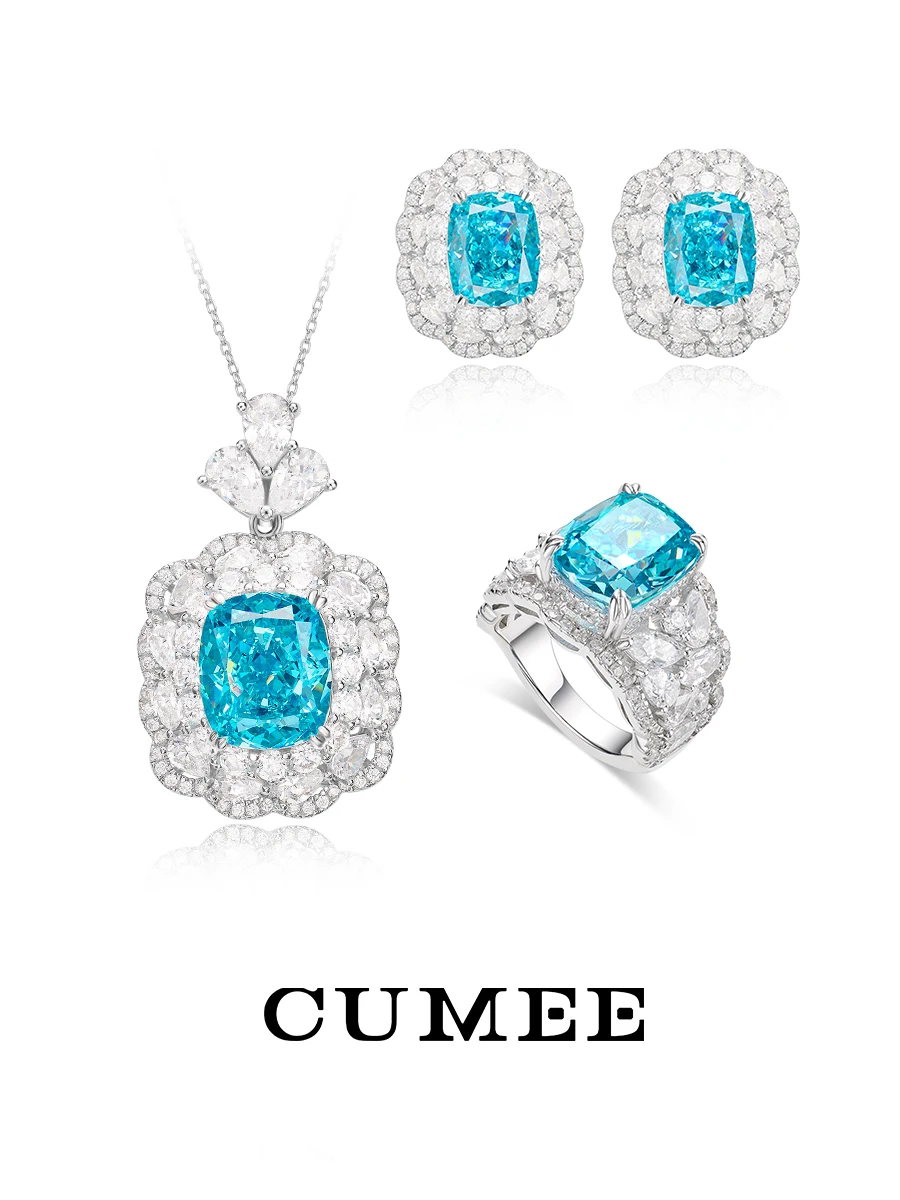 

Cumee Summer Beach Artificial Aquamarine Sythetic Gemstone Rings Fine Jewelry Set 925 Silver Gold Plating CZ Stone