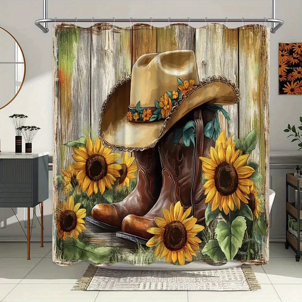

Western Cowboy Shower Curtain - Sunflowers, Rustic Wood, Leather Boots & Hat, Hand-Painted Art, Water-Resistant Polyester