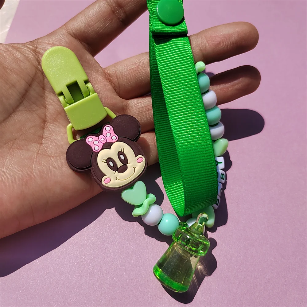 [ Clip and Lollipop] Mickey Minnie Mouse Newborns Handmade Green Pacifier Clips with Name Unique Baby Shower Gift Babi Soother