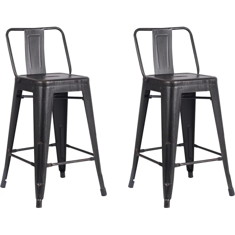 

Contemporary Rustic Coastal Metal Barstools Set of 2, 24" Seat, Distressed Black, Bucket Back, 4-Leg Design