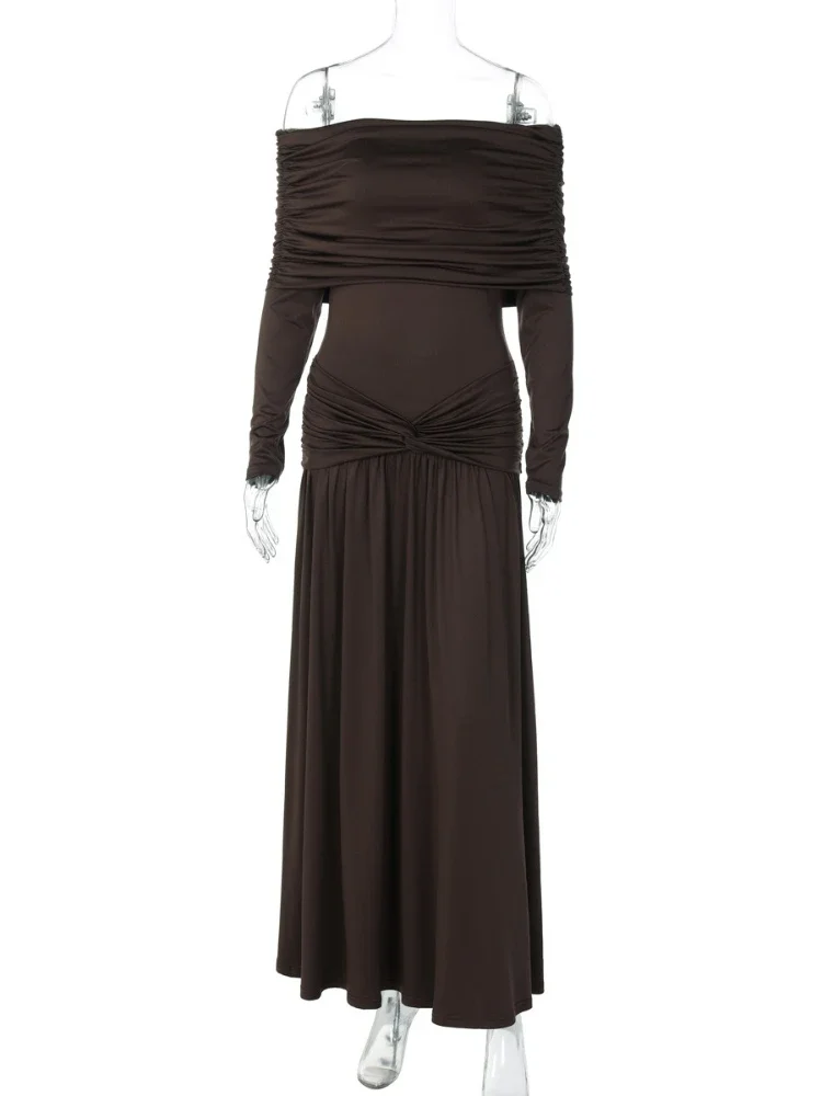 Odzież damska 2025 Jesień Sukienka maxi z dekoltem typu slash, marszczeniami, długa, w stylu high street, eleganckie tuniki damskie, plisowane, jednolite sukienki wieczorowe na przyjęcie