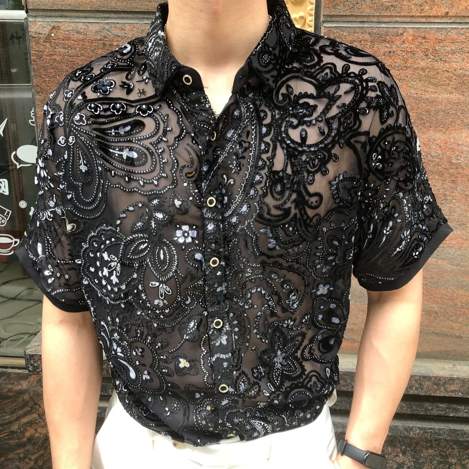 2025 Homme 4xl New Sexy Lace Shirt For Male Embroidery Men Transparent Shirt See Through Mesh Shirt Club Party Prom Chemise