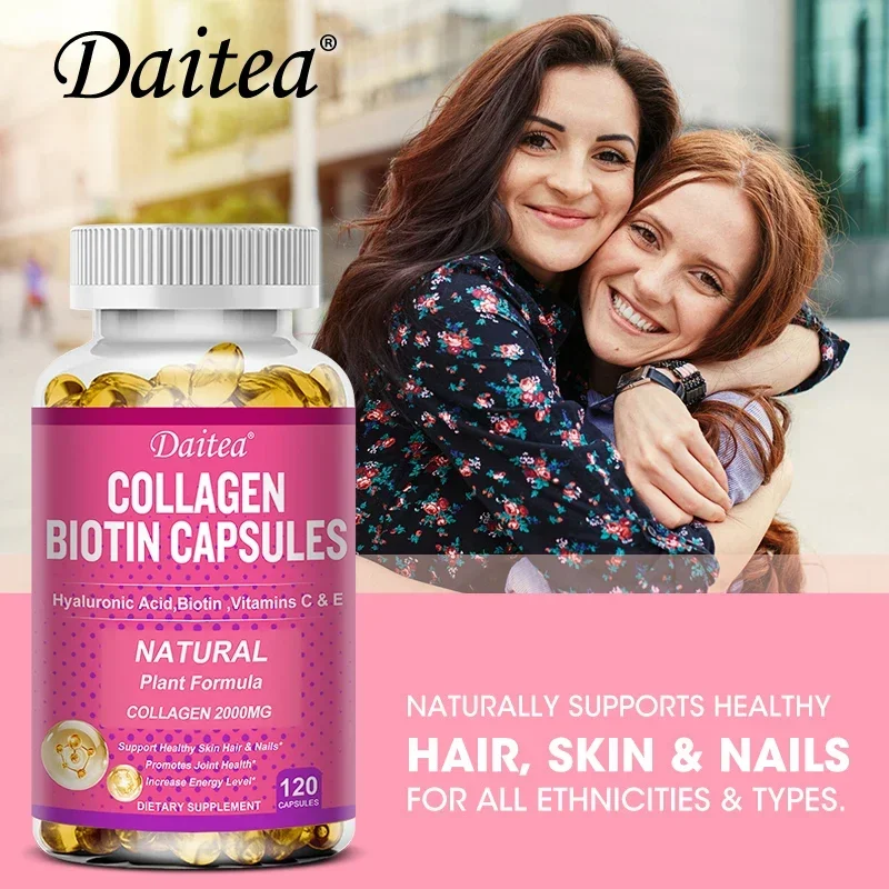 Daitea Collagen Biotin Supplement - Hyaluronic Acid Biotin Vitamin C E - Hair Skin Nails Energy Vegan Capsules