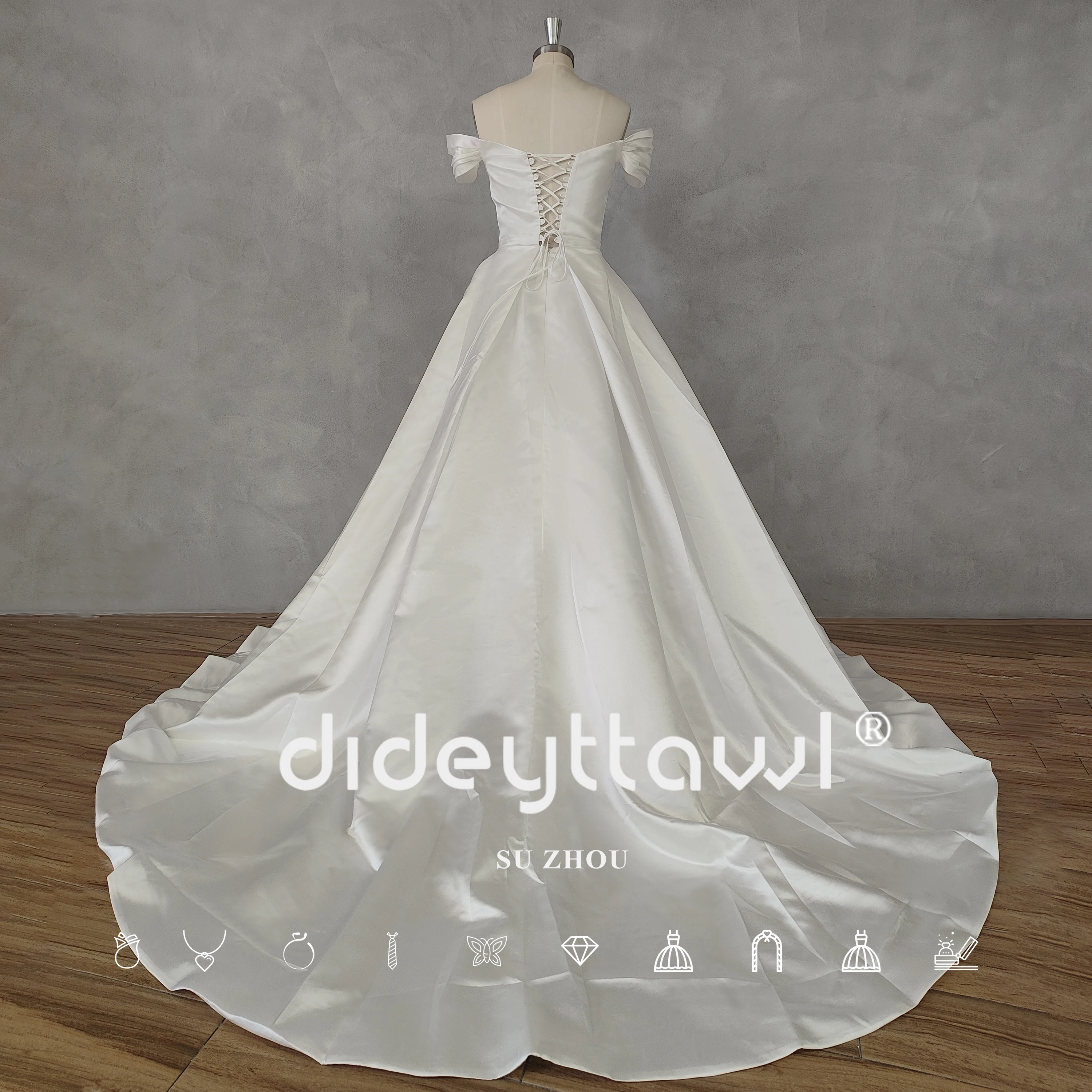 DIDEYTTAWL Real Picture Off-Shoulder Pleats Beaded Satin Ball Gown Wedding Dress A-Line Lace Up Back Bridal Gown Custom Made