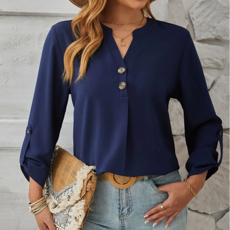 Solid Color Casual Ladies Shirt Top With Small V-neck And 2 Buttons Decorated With Rolled Up Sleeves And Long Sleeves New Blouse