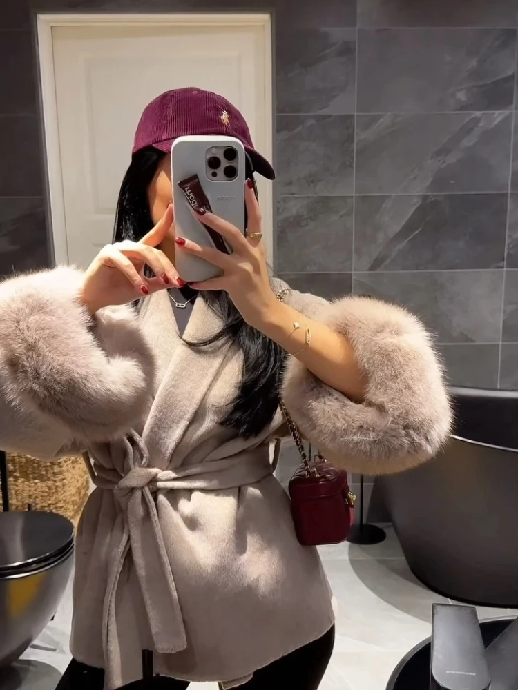 Solid Lapel Plush Faux Fur Coat Women Vintage Full Sleeve Belt Tweed Open Coats 2025 Female Autumn C