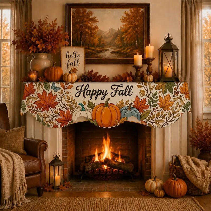 Farmhouse Fall Mantel Scarf for Fireplaces, Harvest Table Runner with Pumpkin Sunflower Foliage Print Rustic Polyester Cloth
