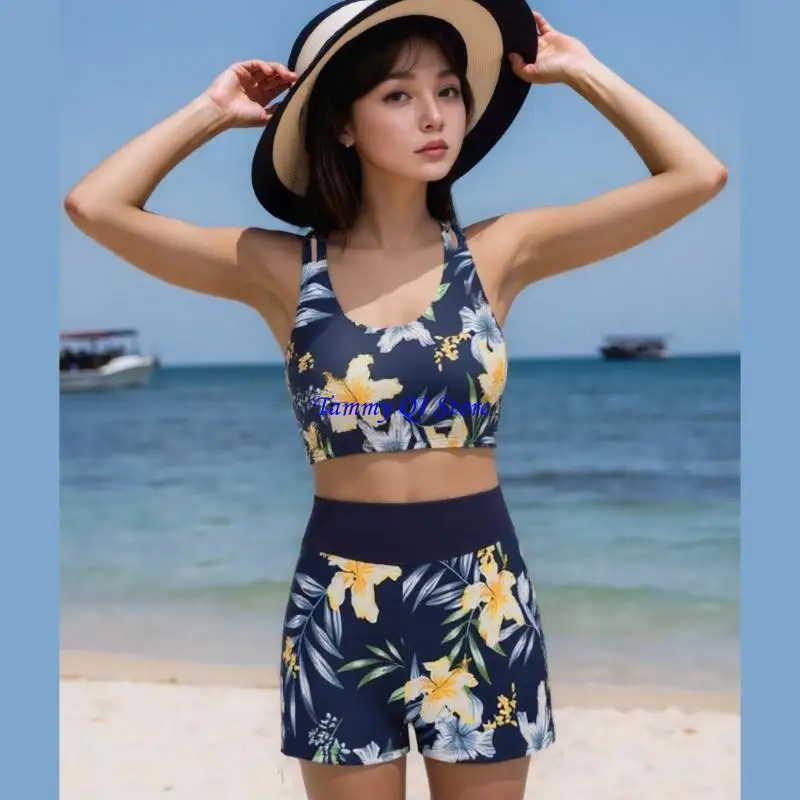 F1FD女性花印刷水着3 PCSスプリット水着タンキニ水着スイミングコスチュームセットレディーススポーツ水着
